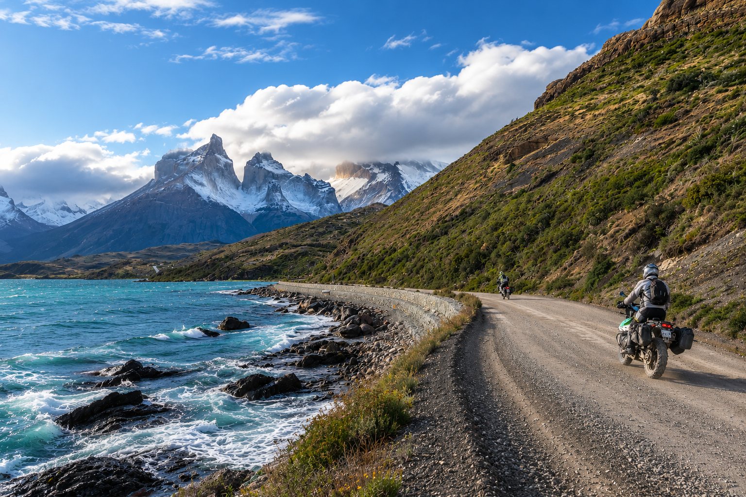 Motociclistas en ripio junto al lago Pehoé, Torres del Paine